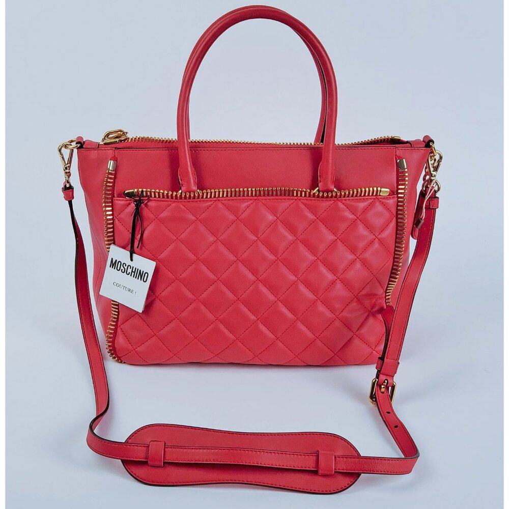 MOSCHINO BAG QUILTED ZIPPER ACCENT DOUBLE HANDLE PURSE TOTE RED LEATHER